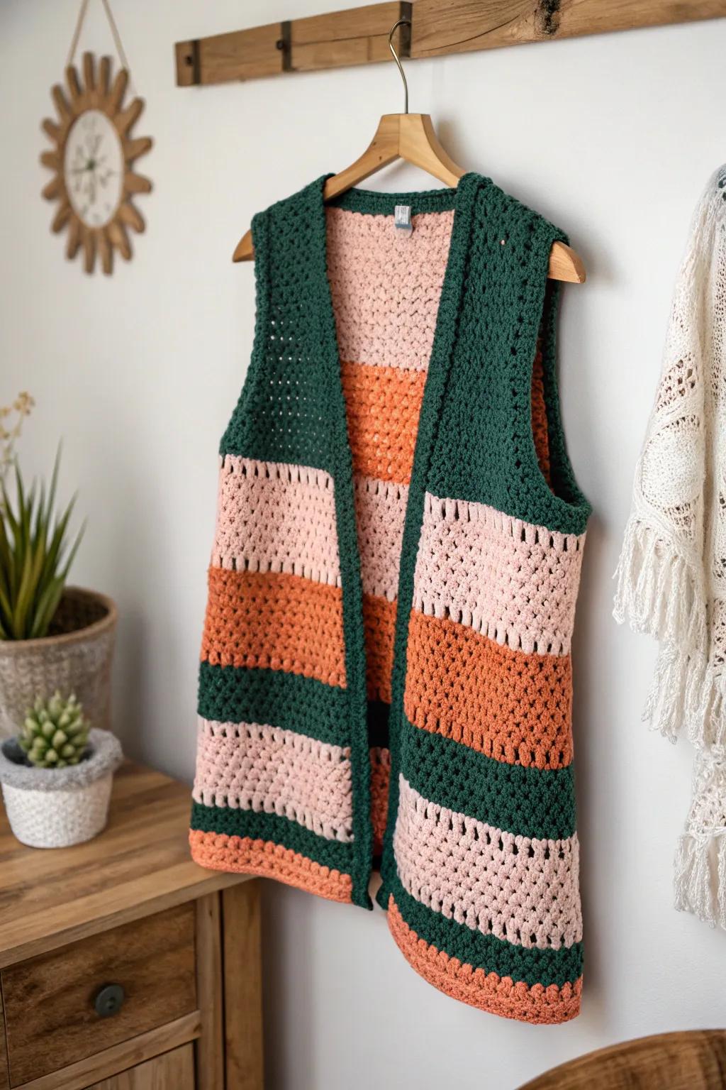 Spruce up your wardrobe with a lively color block hand-stitched vest&mdash;ideal for infusing a dash of bohemian elegance into your minimalist aesthetic.