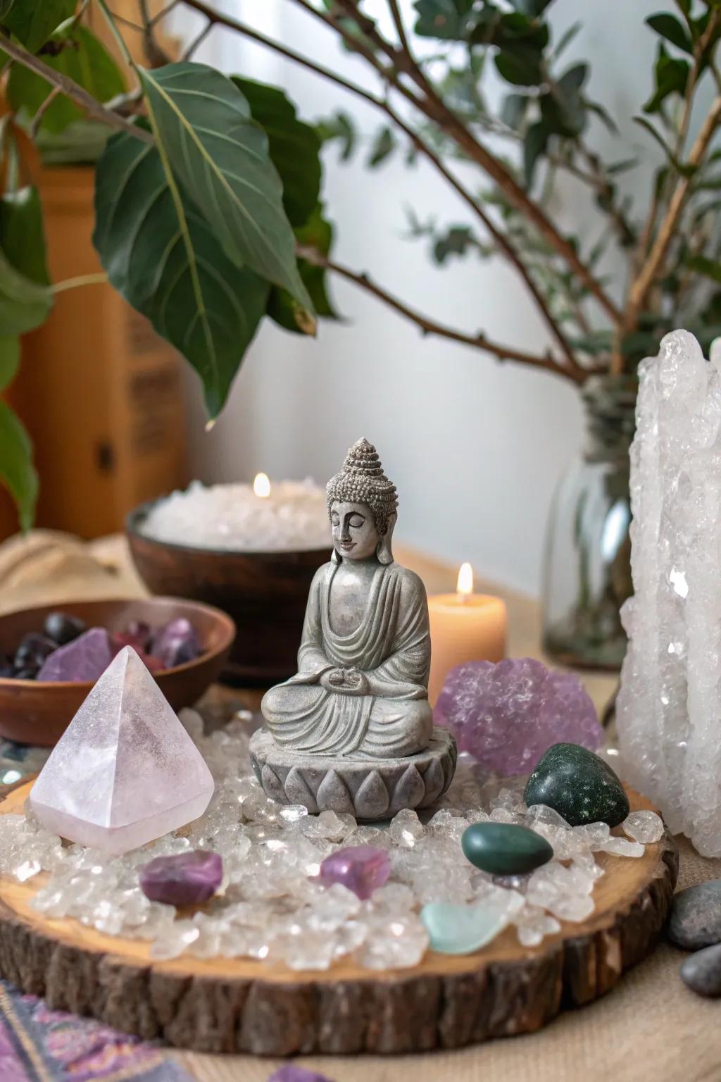 Spiritual symbols enrich the meaning of this gemstone sanctuary.