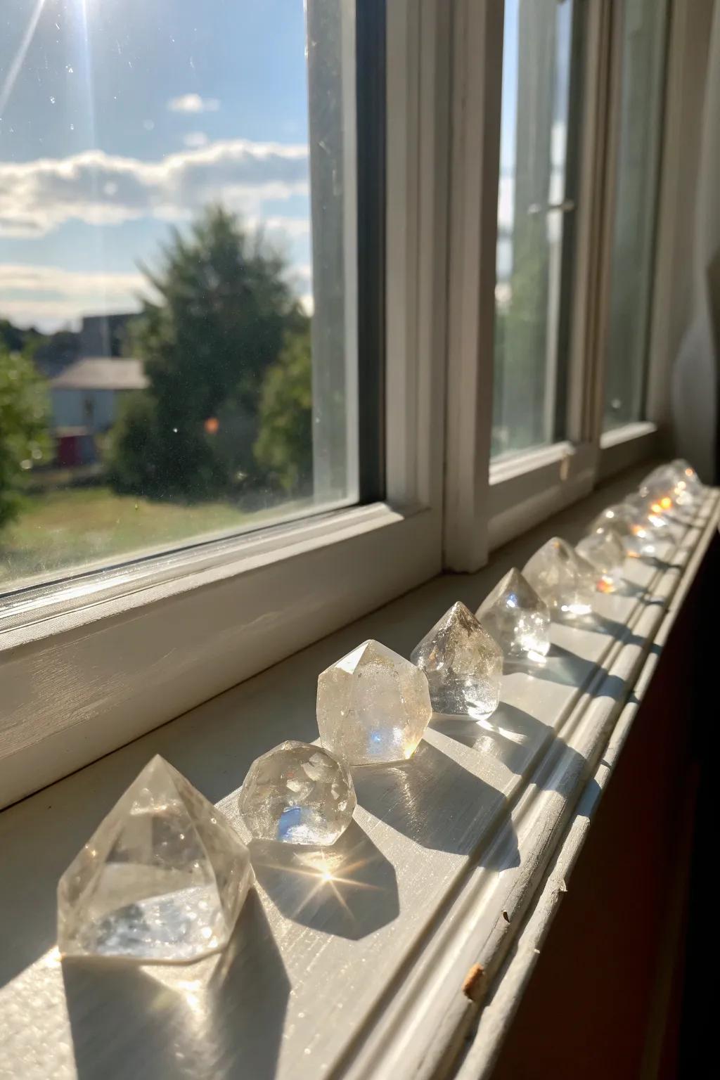 Crystals on a windowsill capturing and reflecting sunlight.