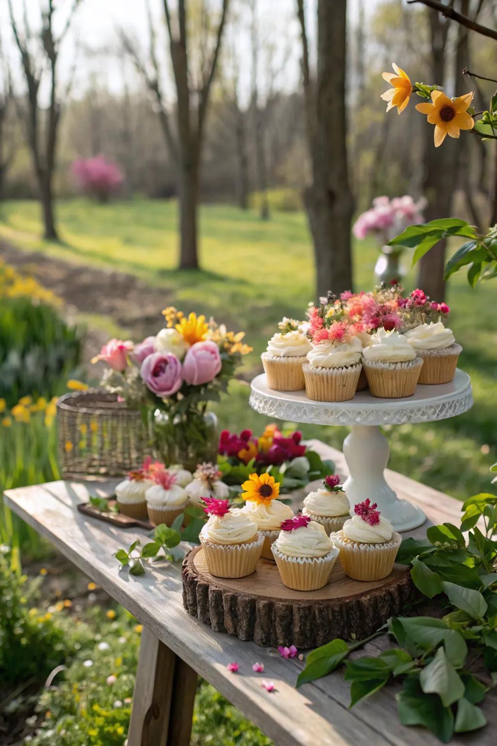 The cupcakes' natural appearance is enhanced by the garden backdrop.