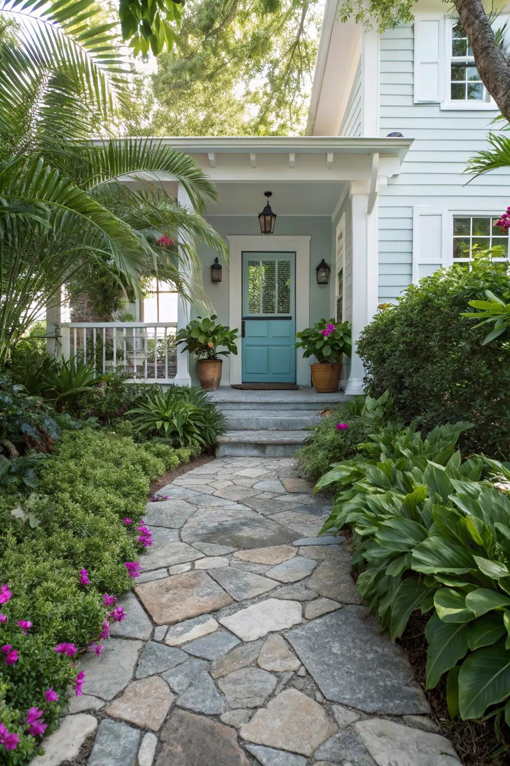 Stone pathways present a welcoming and rustic path to your residence.