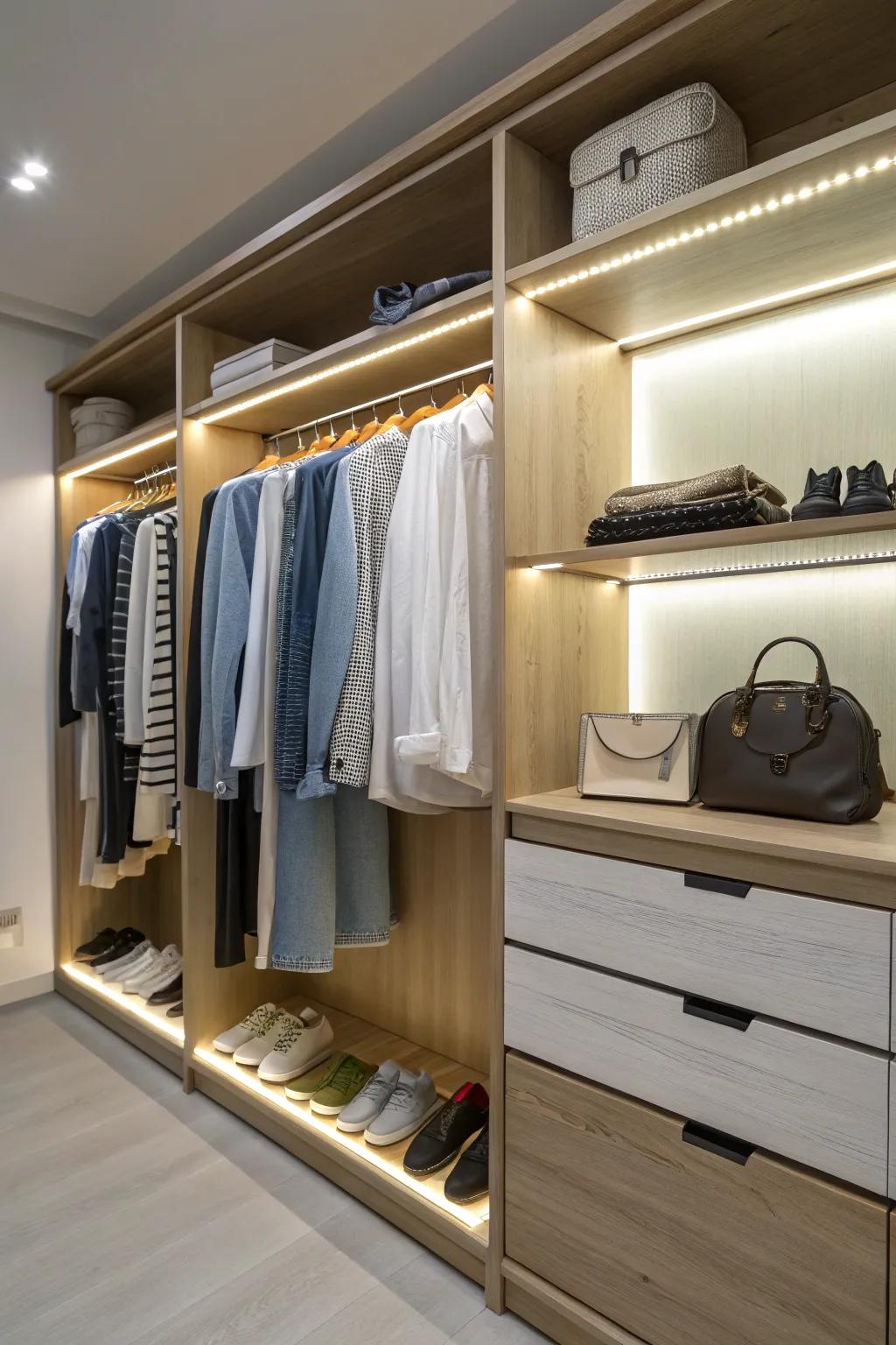 Integrated illumination improves closet aesthetics and functionality.