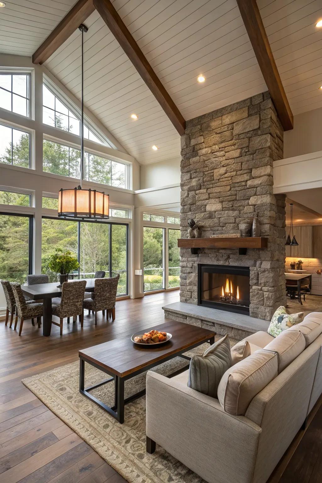 An open-plan design featuring a central fireplace that improves connection.
