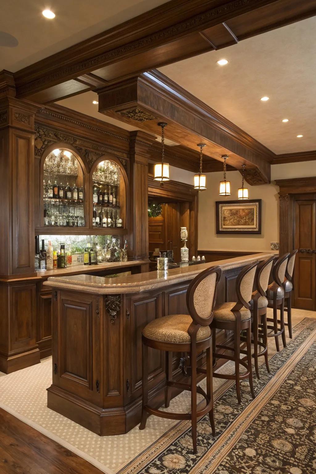 A traditional home bar featuring deep wood tones and timeless elegance.