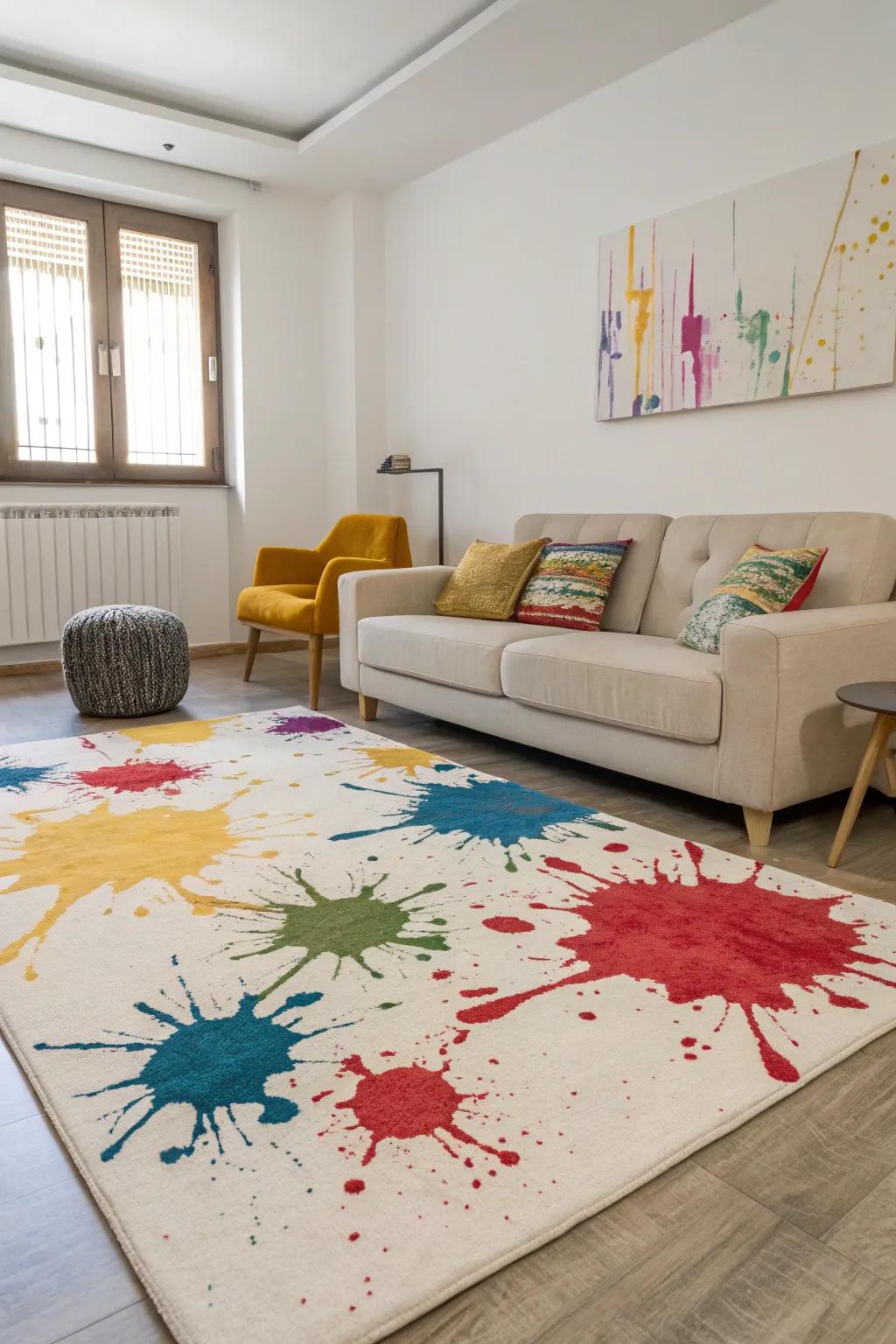 An inventive color burst carpet infuses bold energy into a minimalist space.