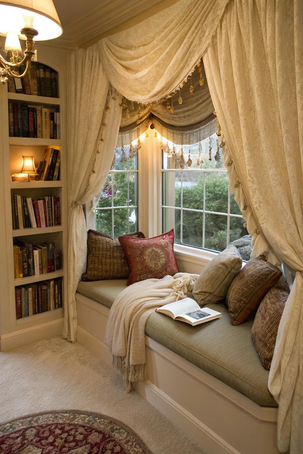 Enhance the visual depth and luxury of your reading corner with layered valances.