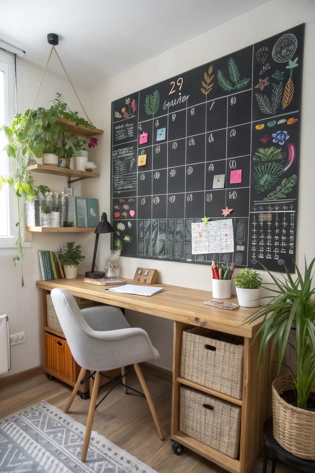A practical and delightful slate calendar in a home office environment.