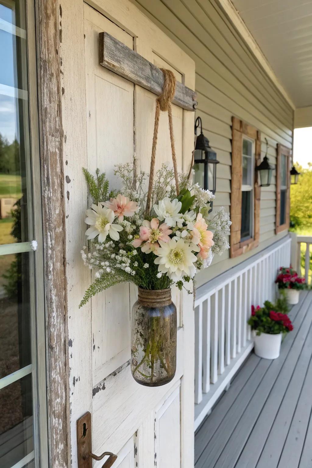 A rustic mason jar door hanger with a hint of floral grace.