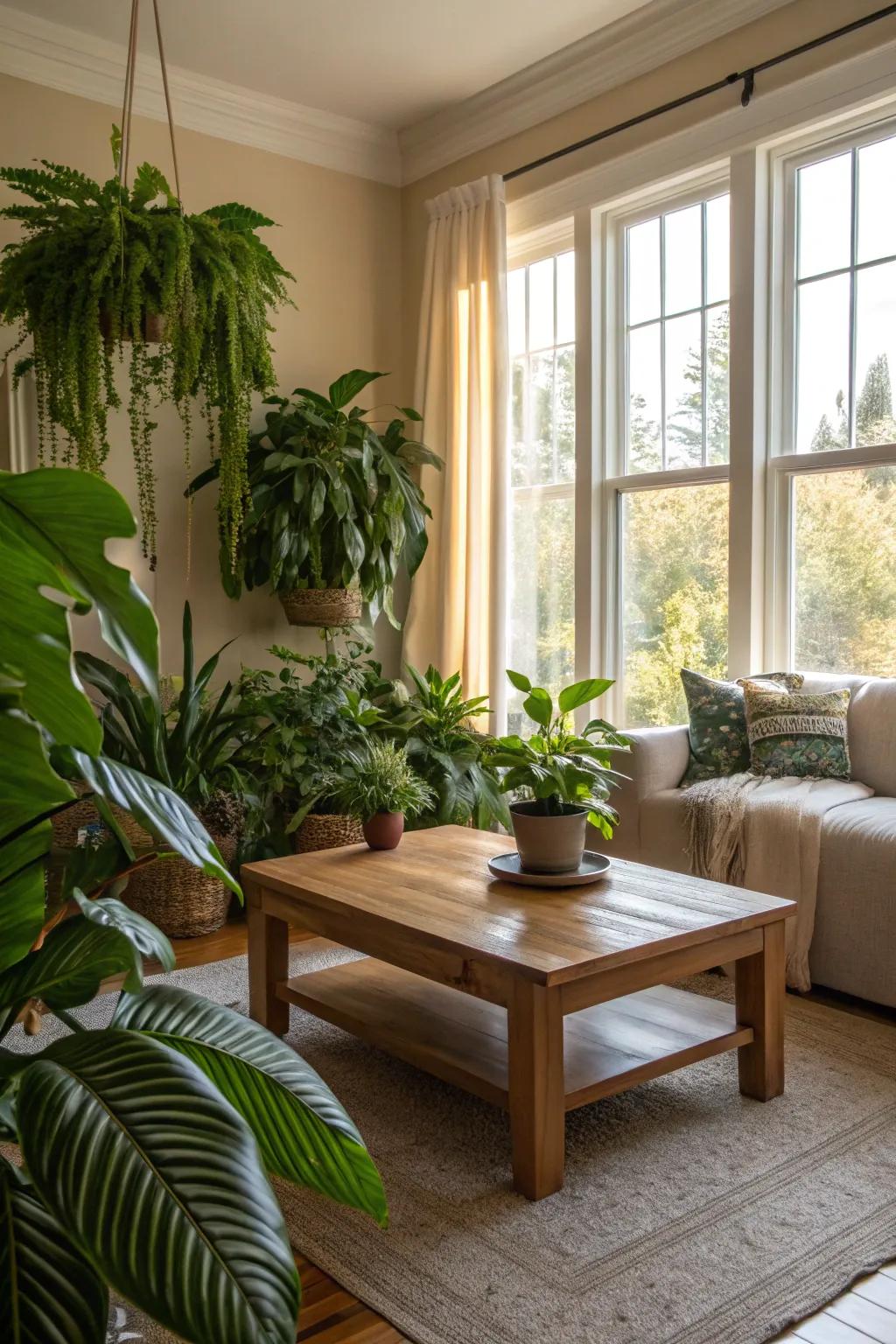 Introducing natural features like houseplants and wooden components brightens up your living room.