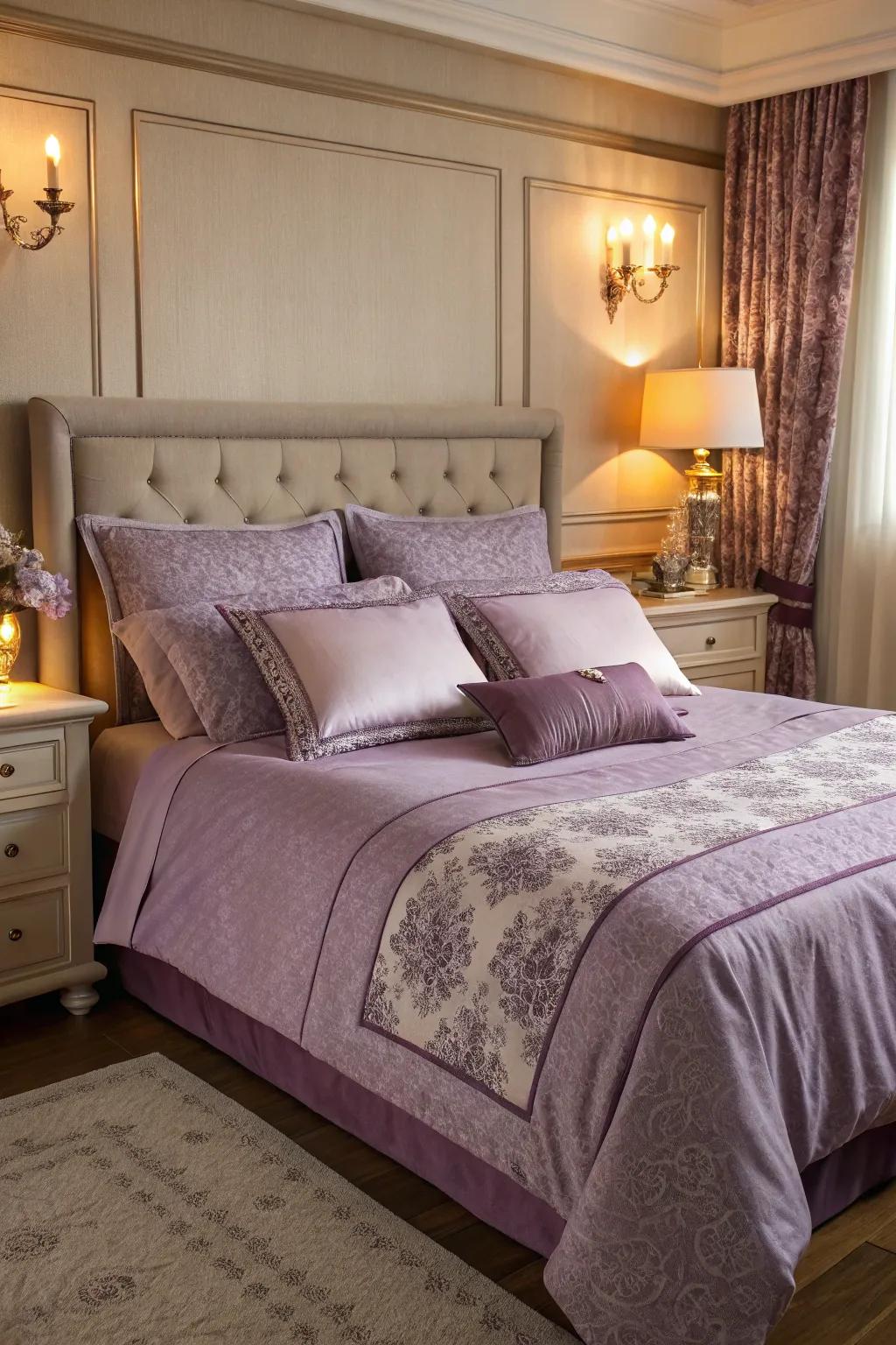 Opulent amethyst bedding creating a cozy retreat.