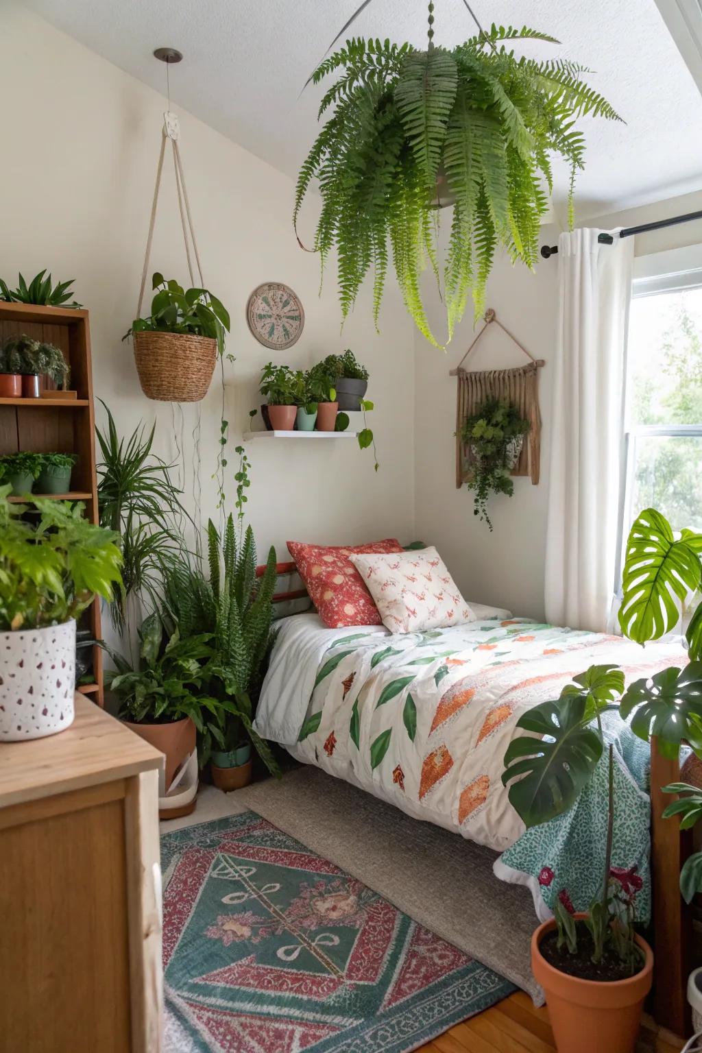 A vibrant teen room showcasing a variety of houseplants.