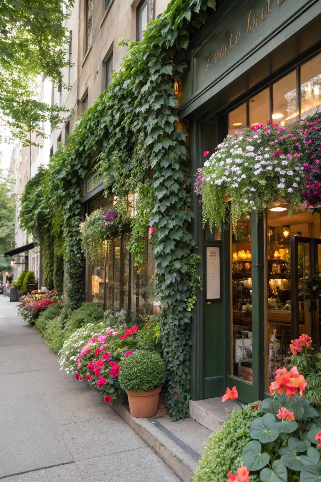 A shopfront changed into a rich retreat using cascading vines and lively flower decorations.