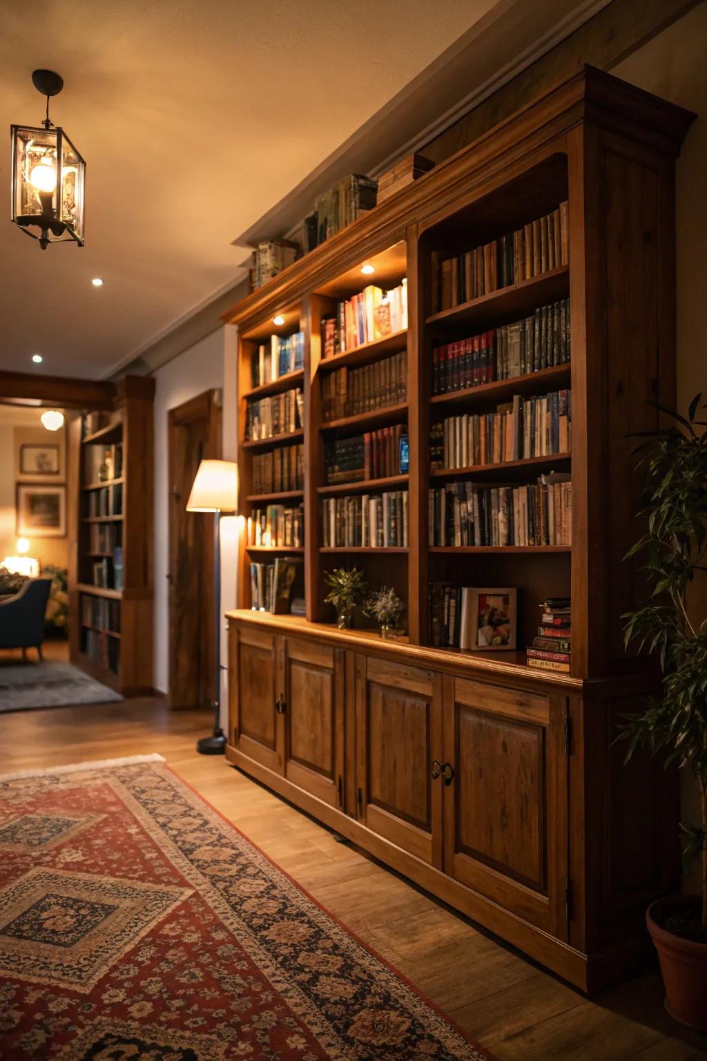 A grand shelving unit turns into the center of the dark academia sitting room.