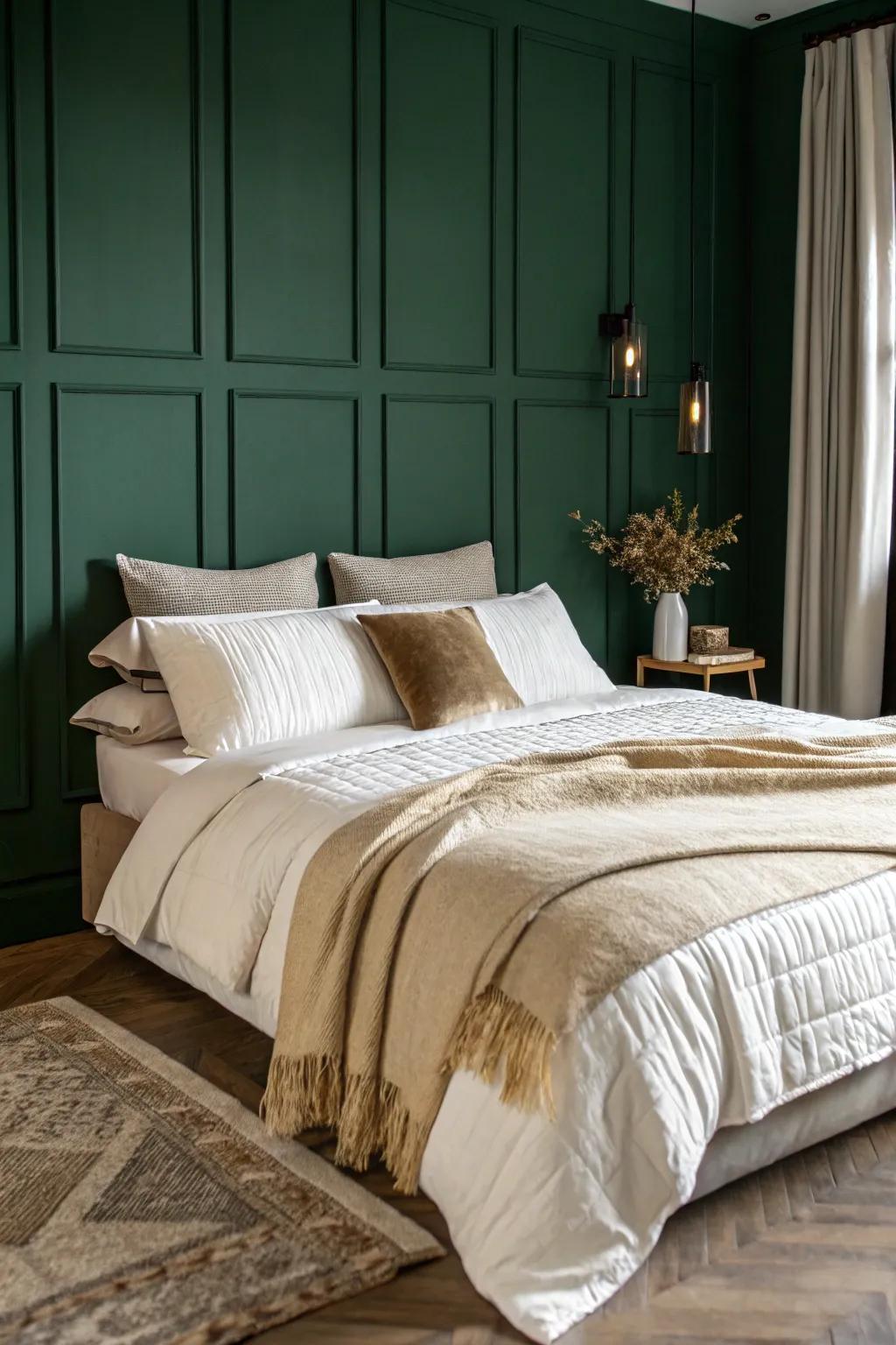 A shadowy jade bedroom featuring layered bedding in off-white and ivory colors.