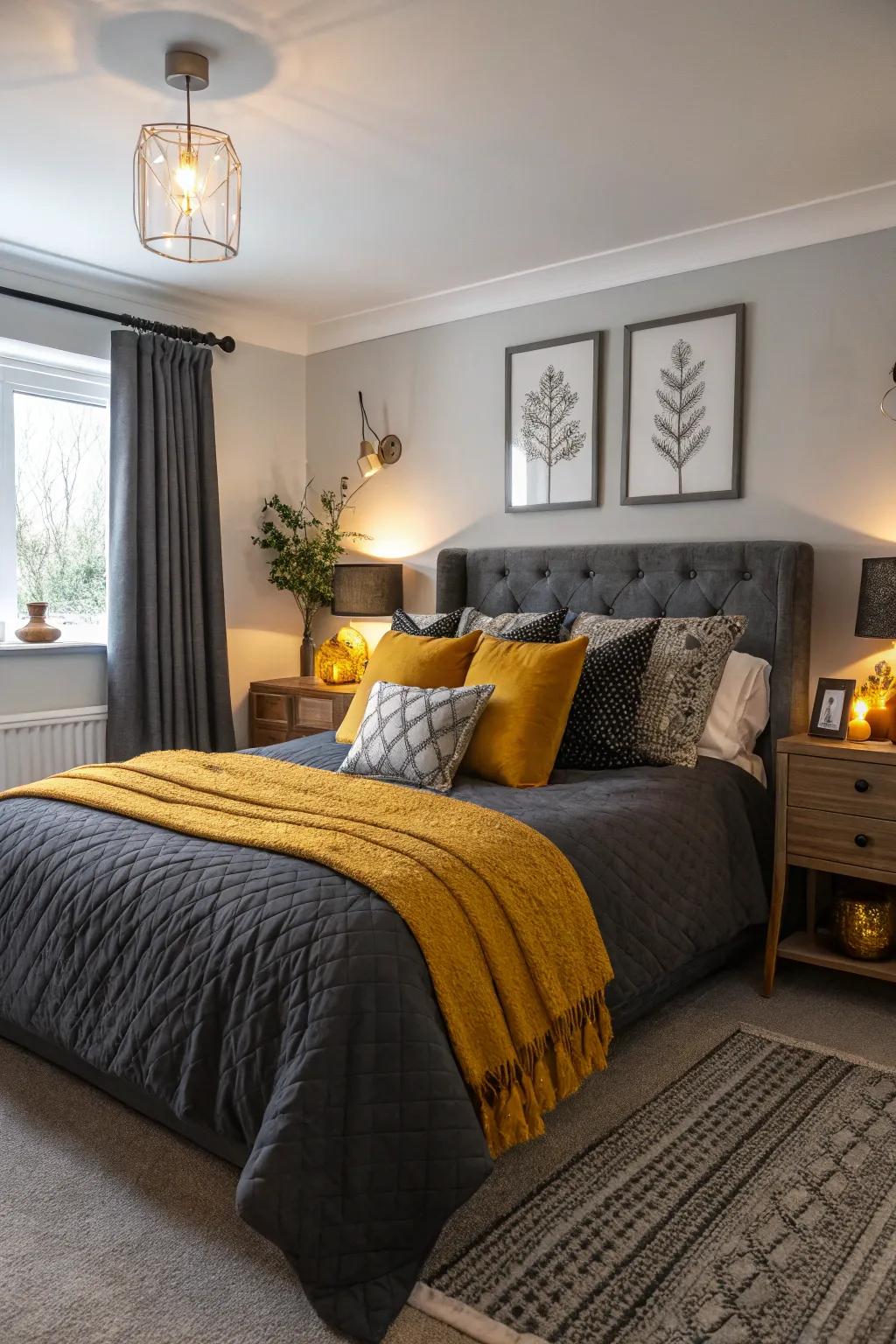 Bold colors bring out the richness of dark grey bedding.