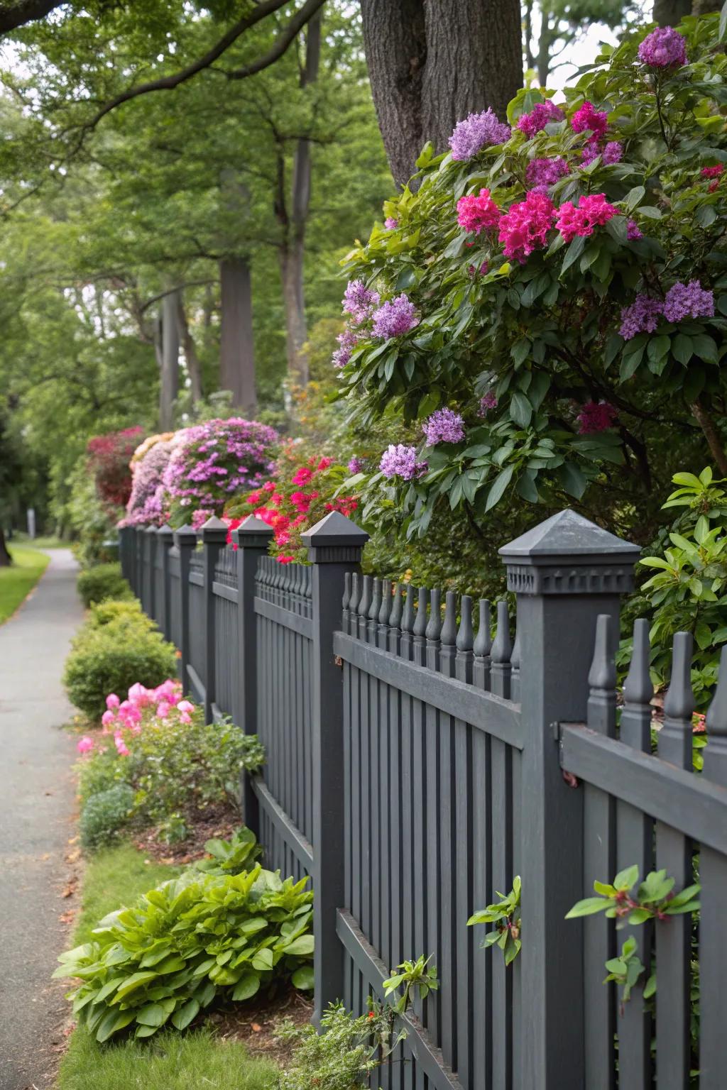 Bright flowers and rich foliage pop against a deep charcoal fence.