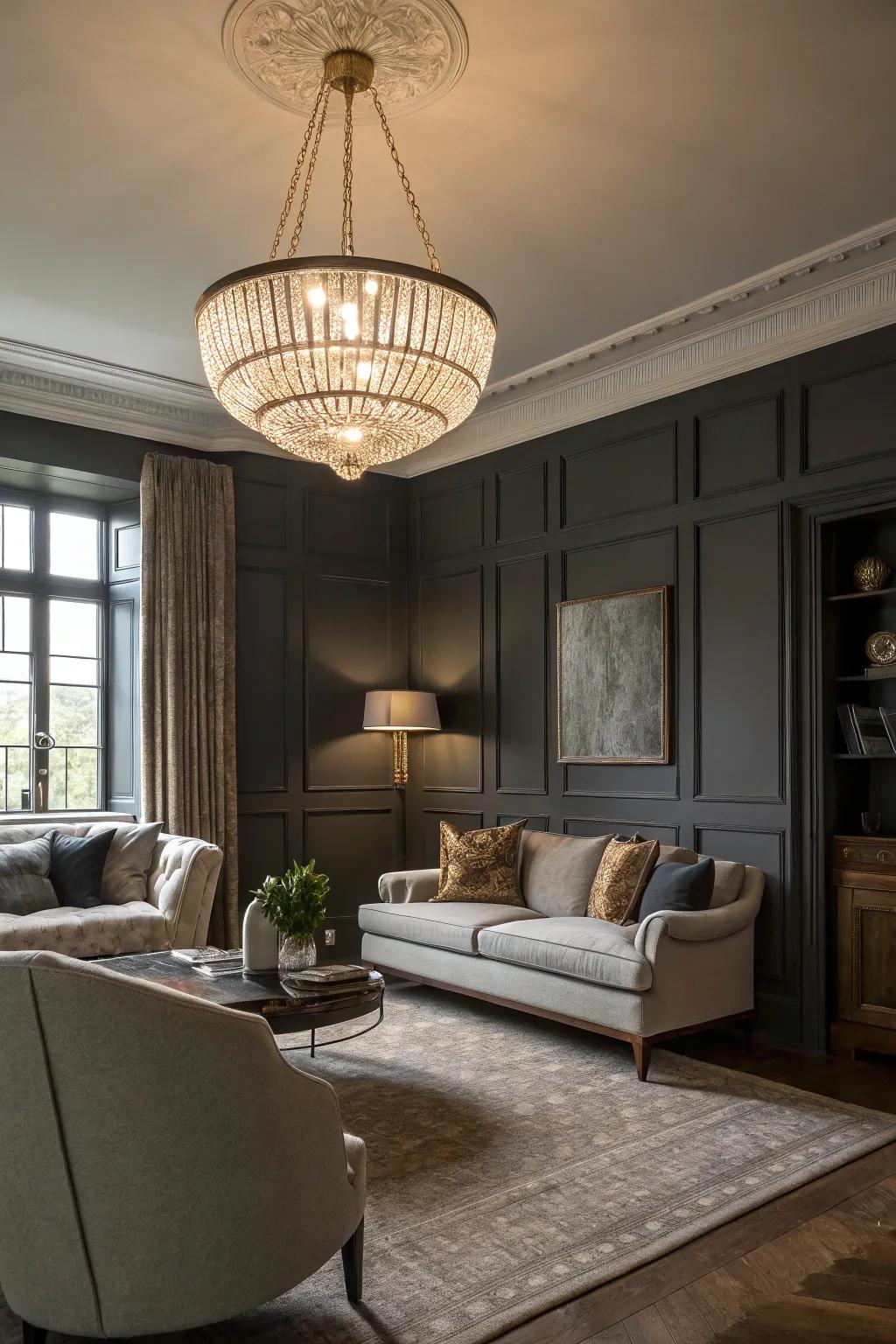 Statement lighting that elevates the mood within a dark grey space.