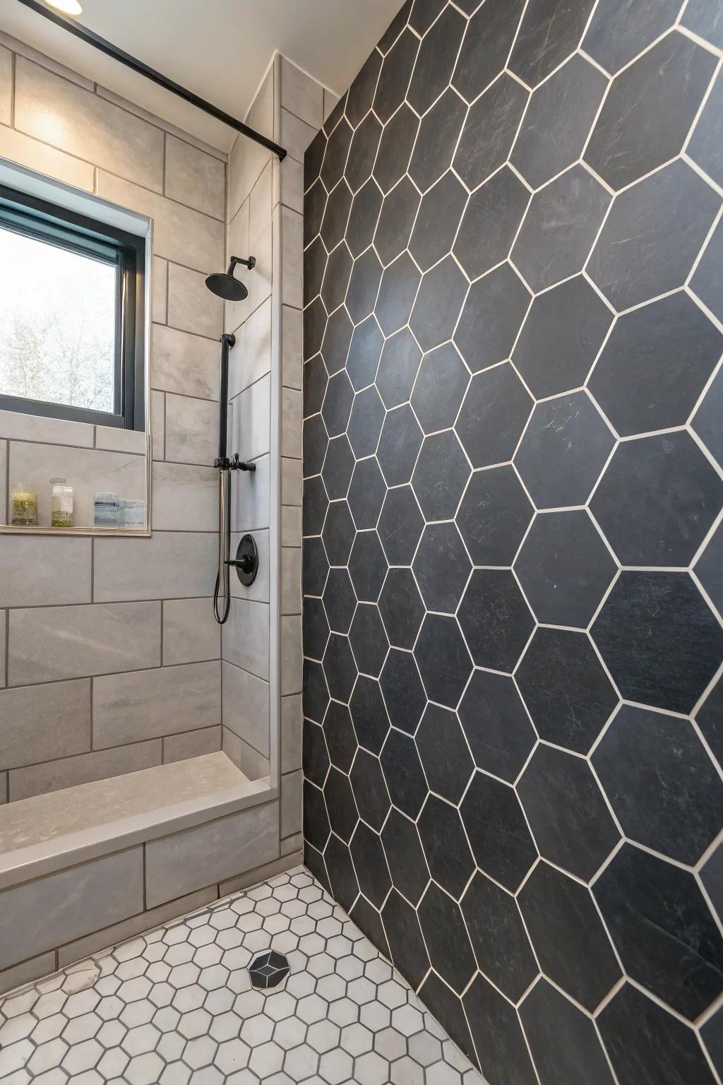 Hexagonal smoke haze panes add a modern geometric element to the bath space.