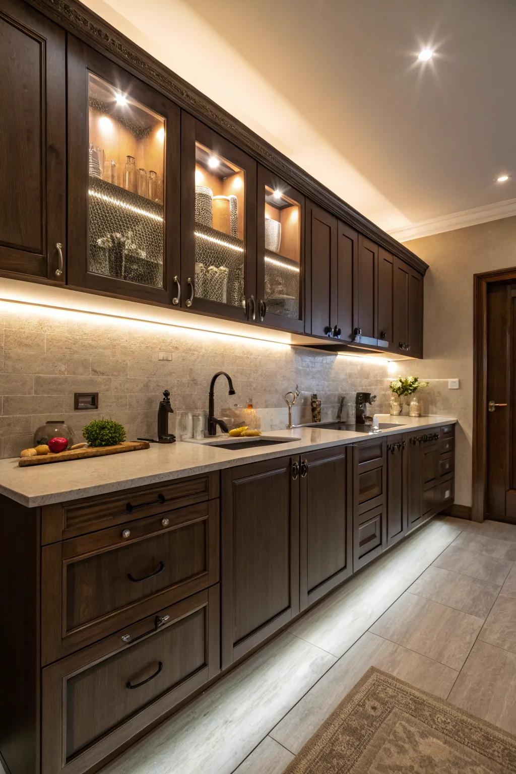Feature lighting enhances the aesthetic appeal and dimension of deep-toned kitchen cabinets.