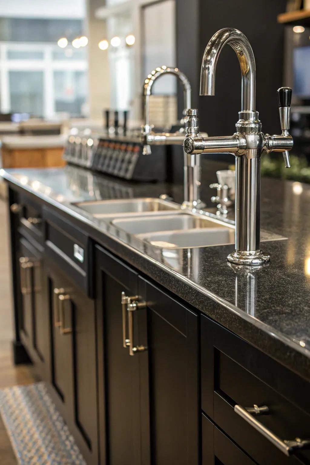 Modern stainless steel hardware introduces a refined, contemporary edge to deep-shaded cabinetry.