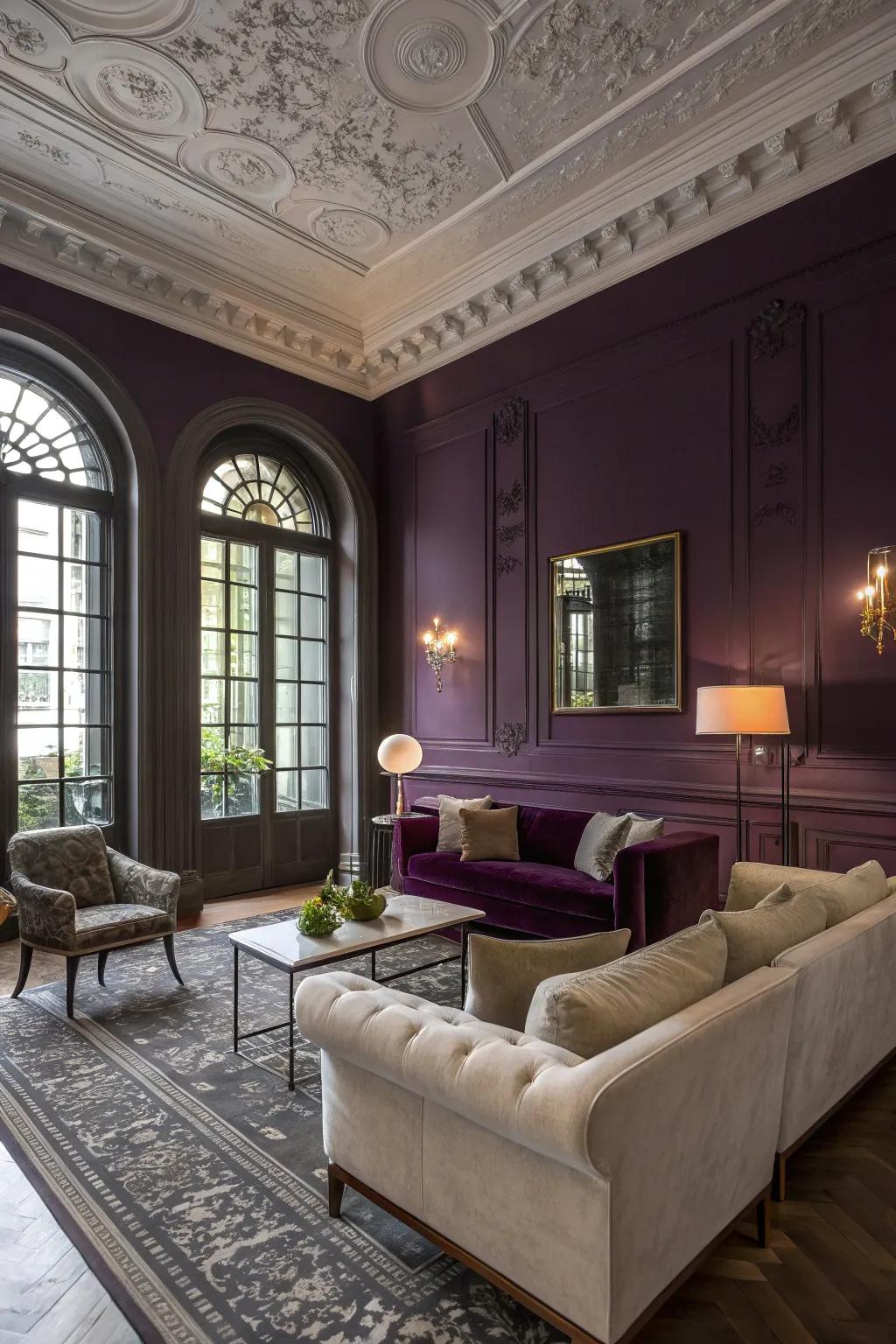 Deep violet walls fashion a striking backdrop in this sophisticated living room.