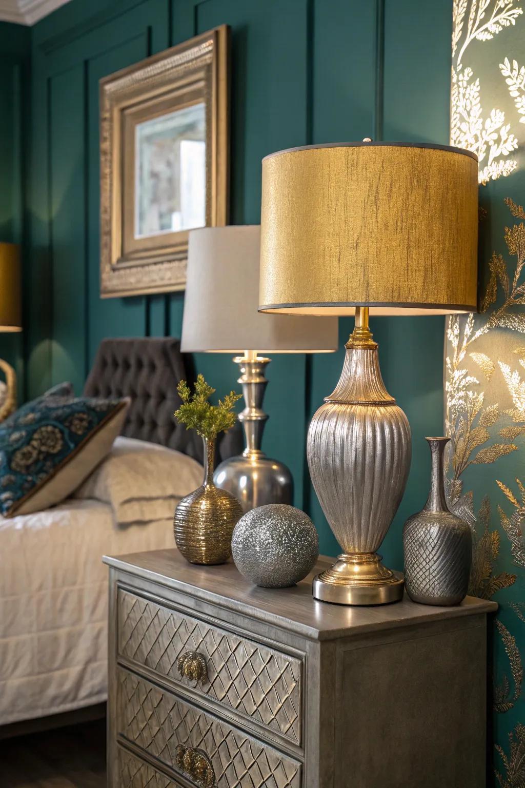 Metallic accents include a luxurious touch to the bedroom.