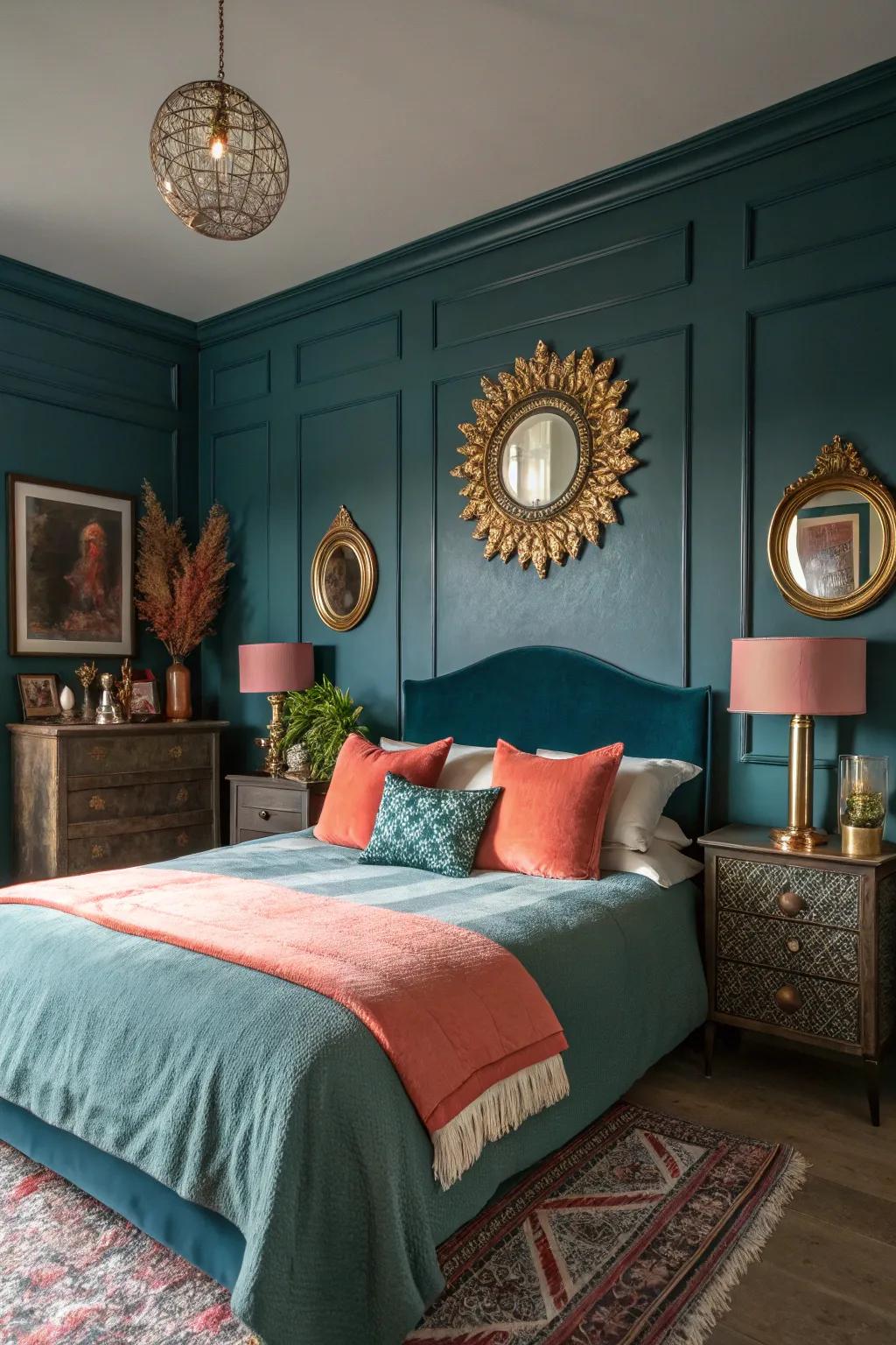 Coral and gold features breathe vitality into dark teal.