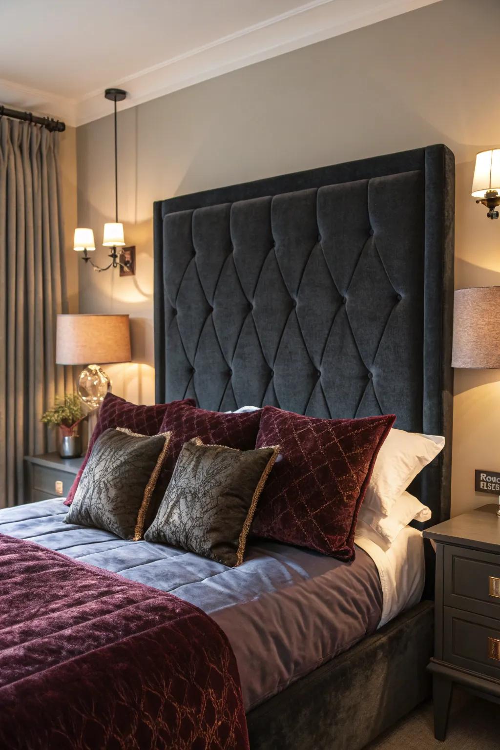Velvet touches in dark hues contribute luxurious warmth to a vintage-styled bedroom.