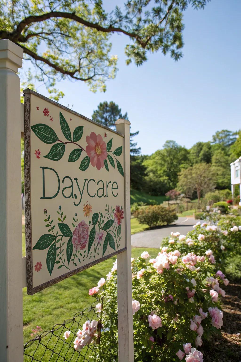 Nature-inspired display crafting a serene and inviting atmosphere at the daycare entrance.