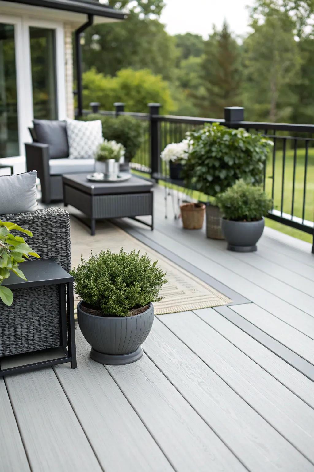 A cloud gray deck delivers an elegant, contemporary sensation.