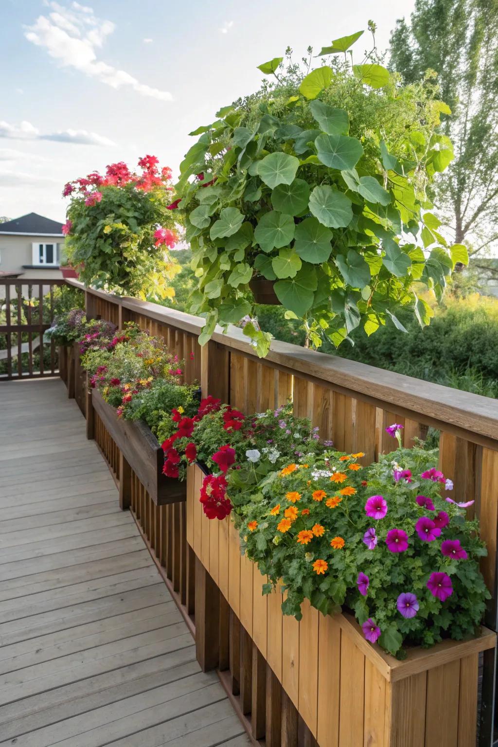 Built-in planters contribute a rich, natural sensation to this deck.