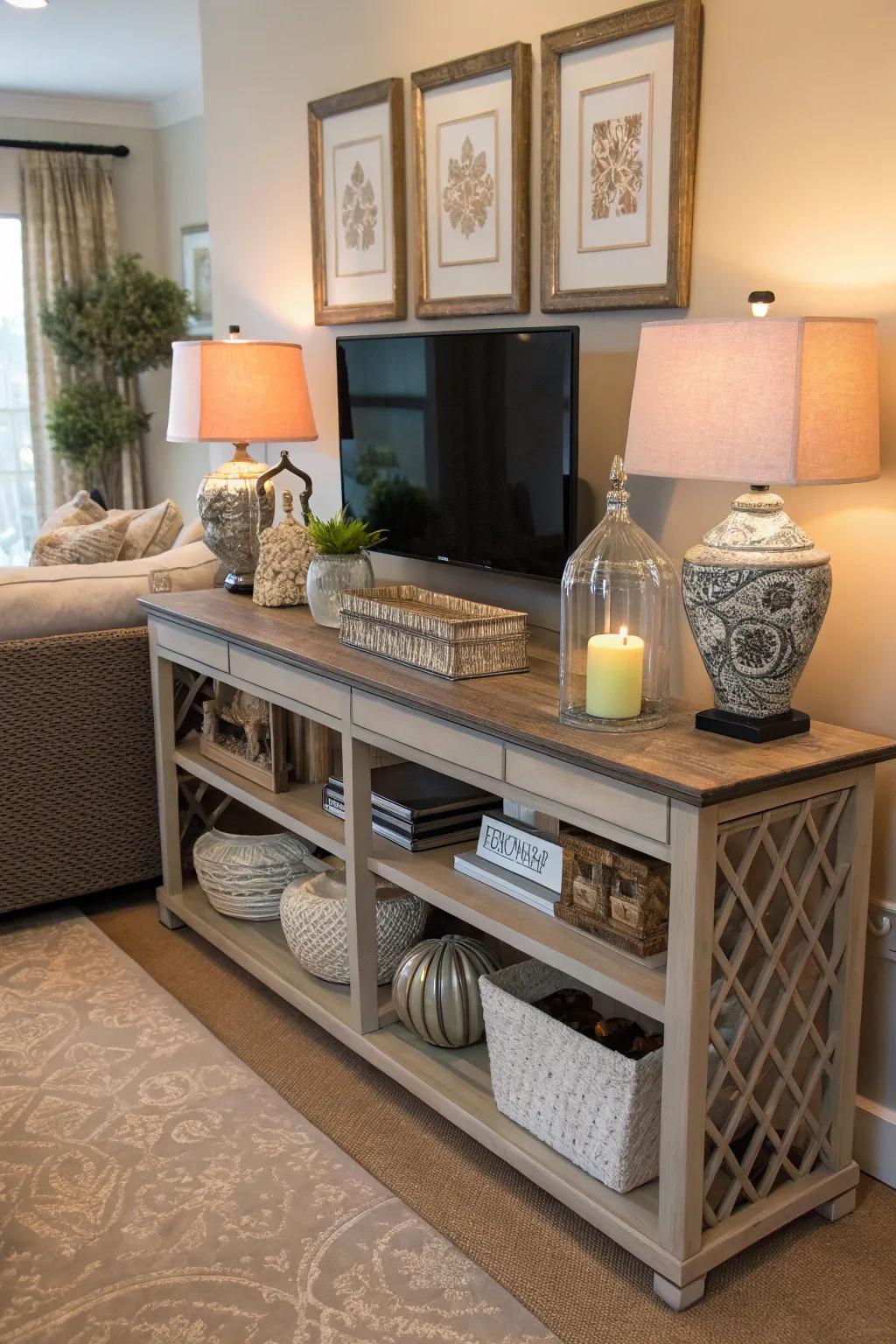 Positioning a console beneath your TV introduces both practicality and charm.