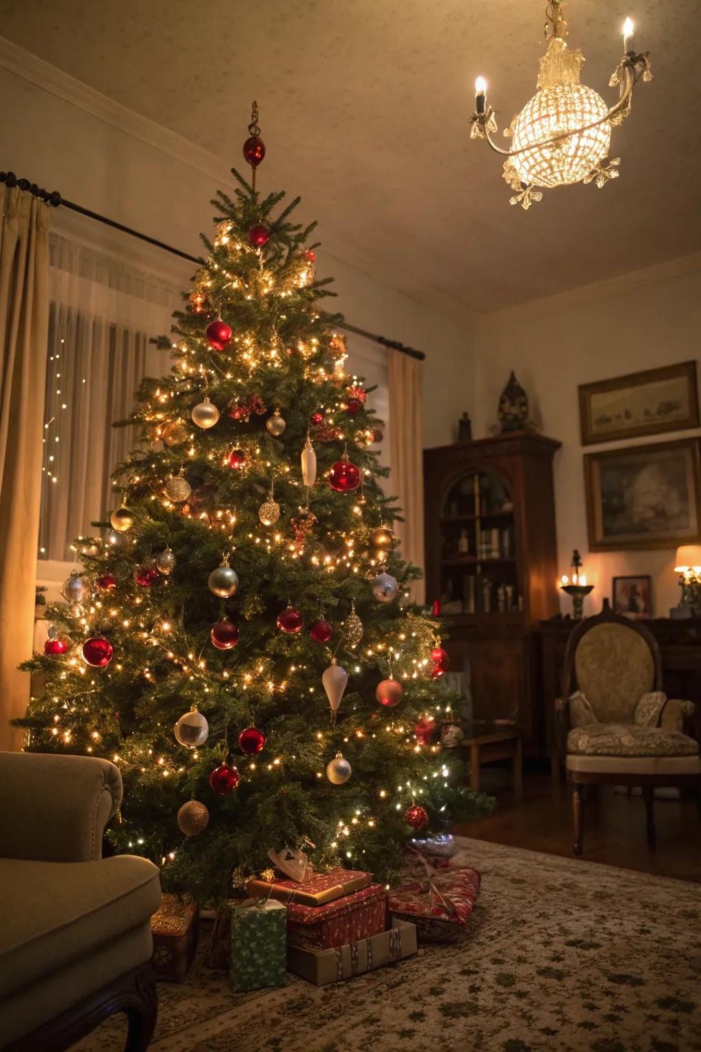A nostalgic Christmas tree featuring old-time lights and throwback spherical decorations.