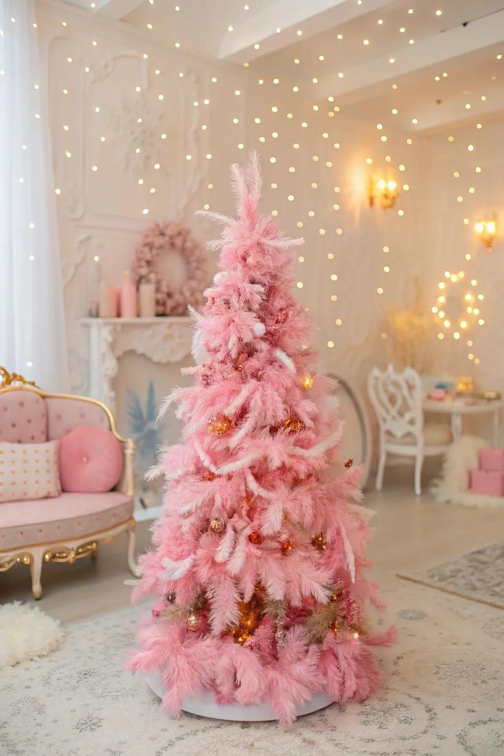 A pink tree decorated with fanciful feathered garlands.