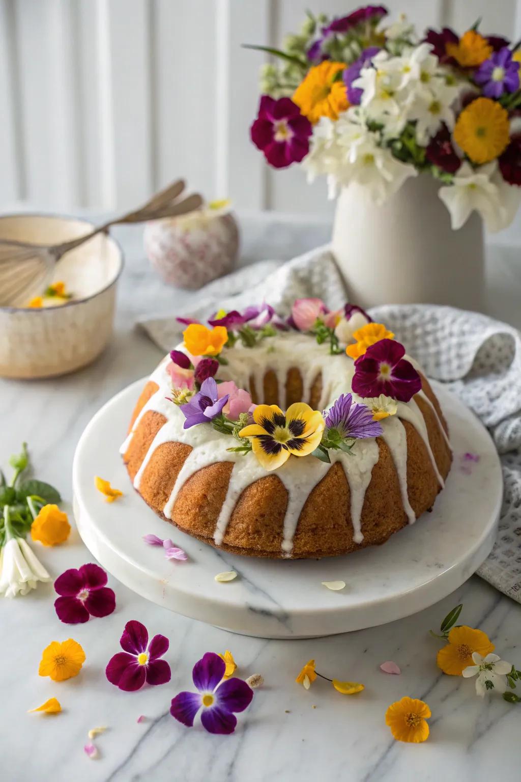 A bundt cake embellished with elegant edible flowers.