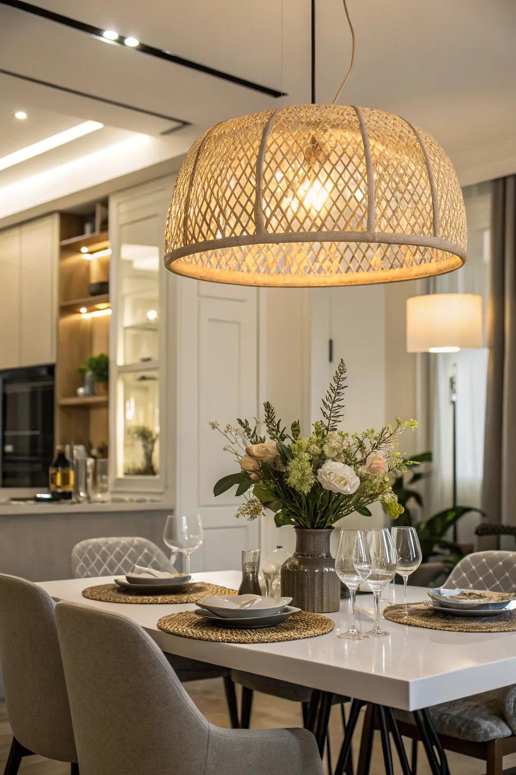 A striking overhead lamp introduces drama to the dining space.