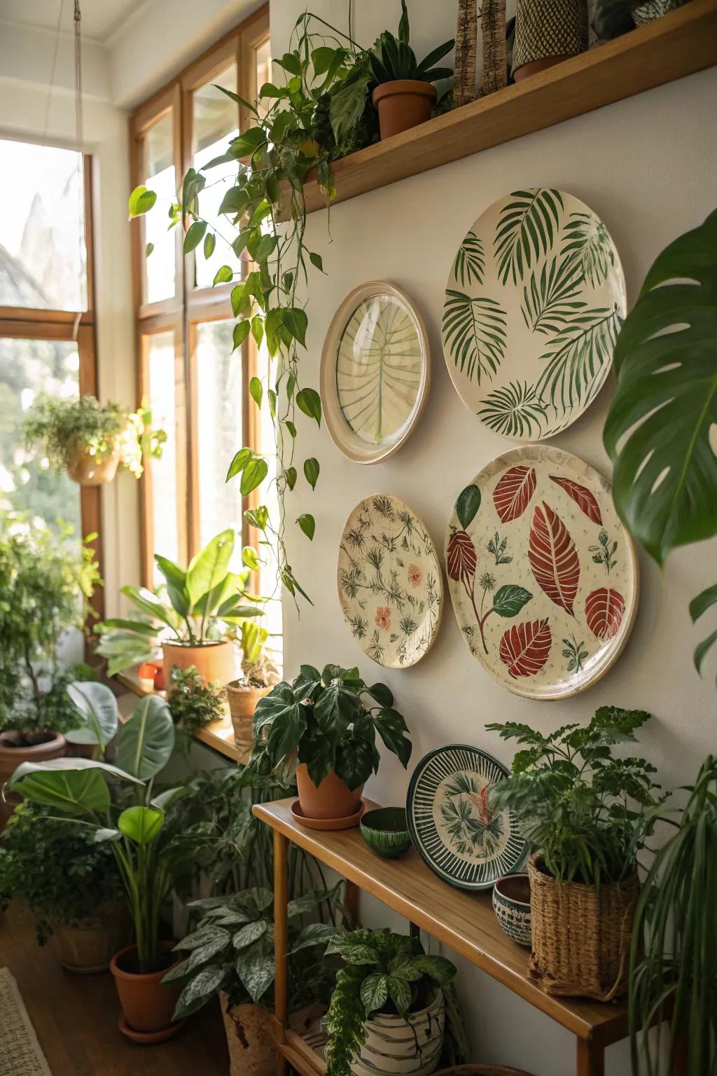 Dishes with botanical patterns matched with lush greenery create a fresh appearance.