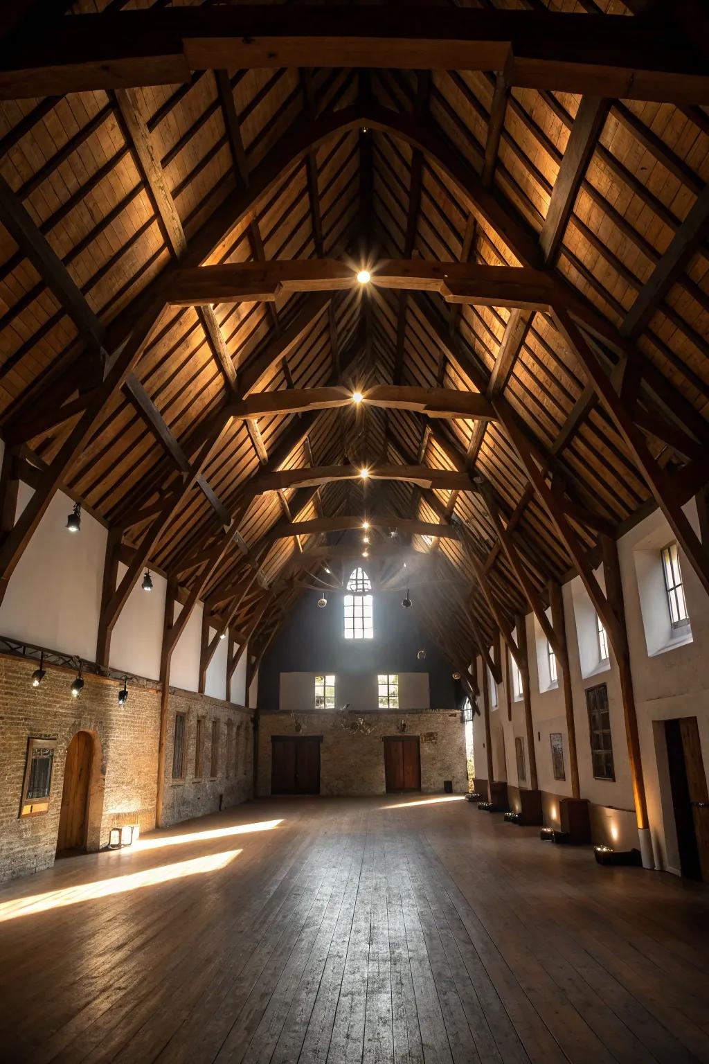 Exposed beams showcase the striking design of a soaring ceiling.