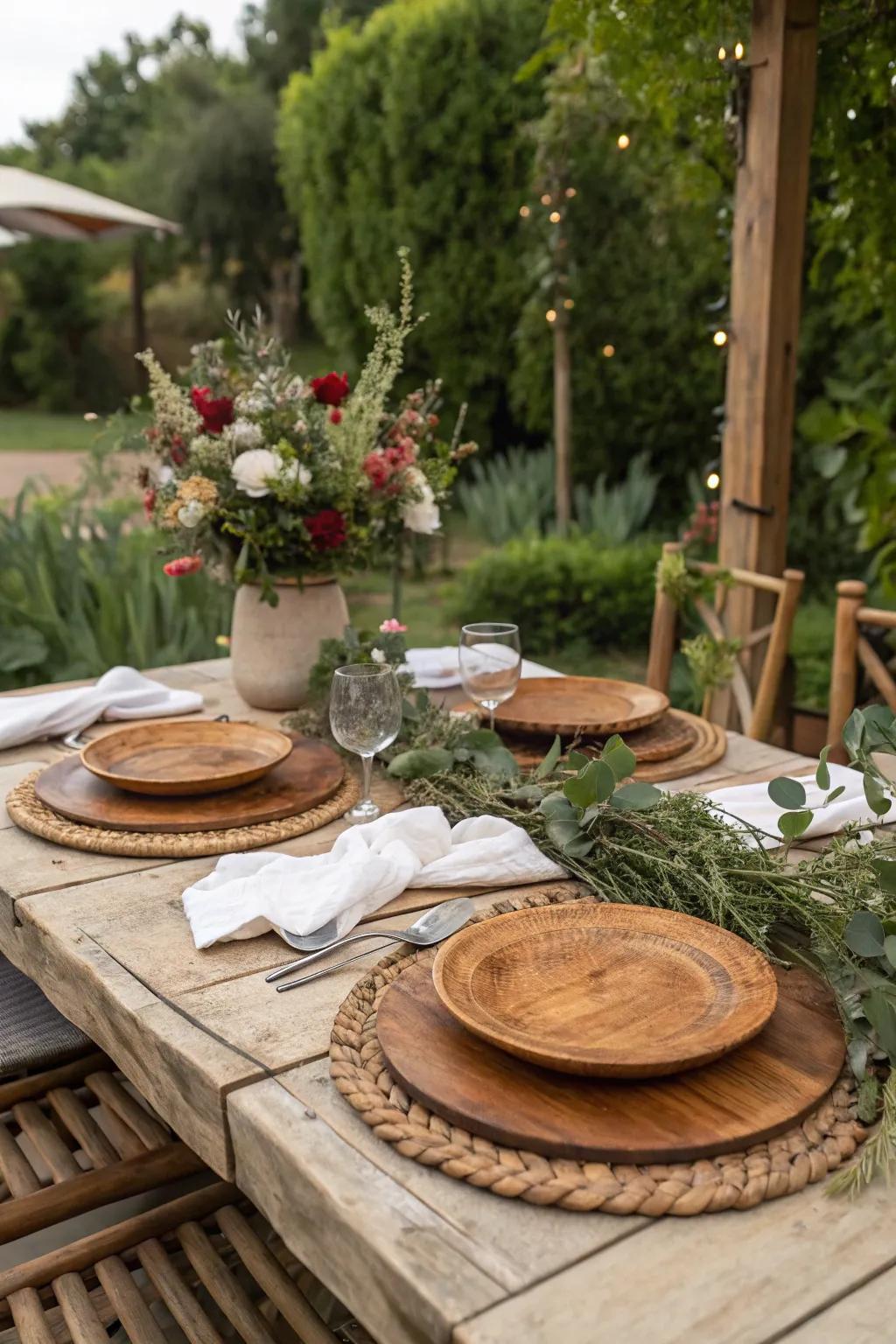 Rustic timber serving plates perfectly suited for an intimate outdoor meal.