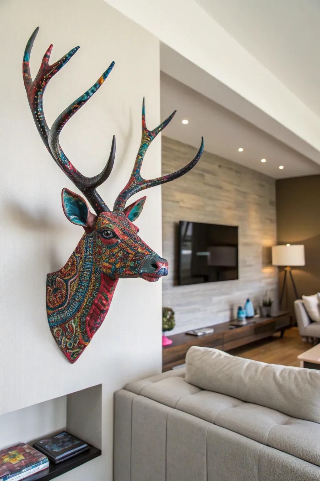 Vibrantly patterned customized deer antlers make a striking statement in a modern living area.