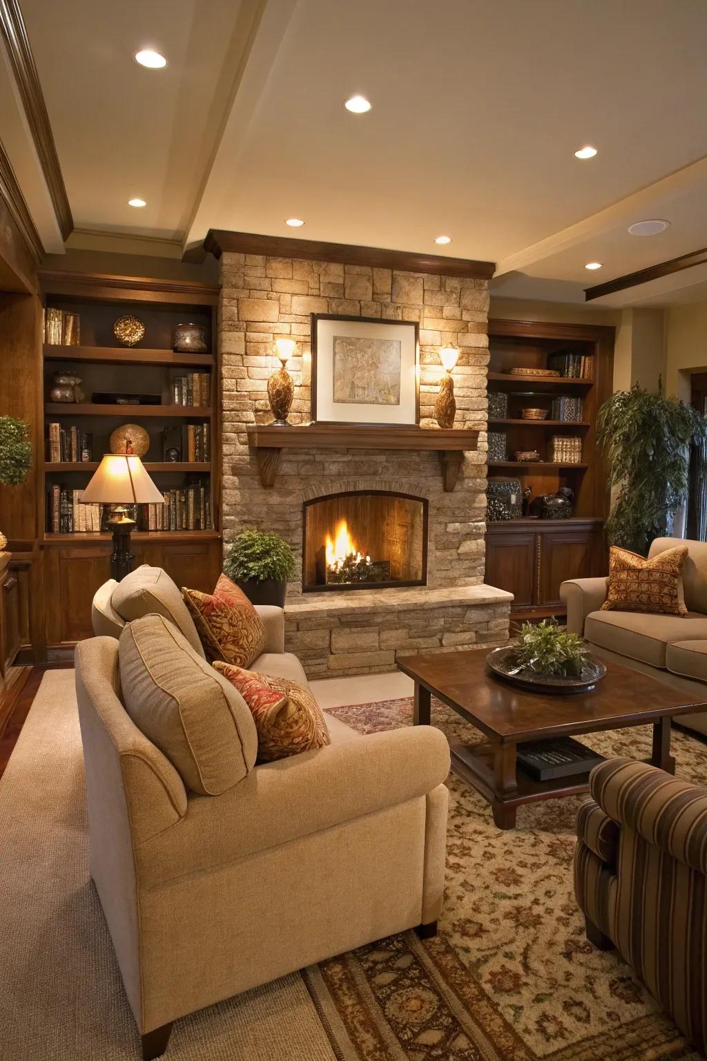 A cozy and alluring den oriented around a fireside.