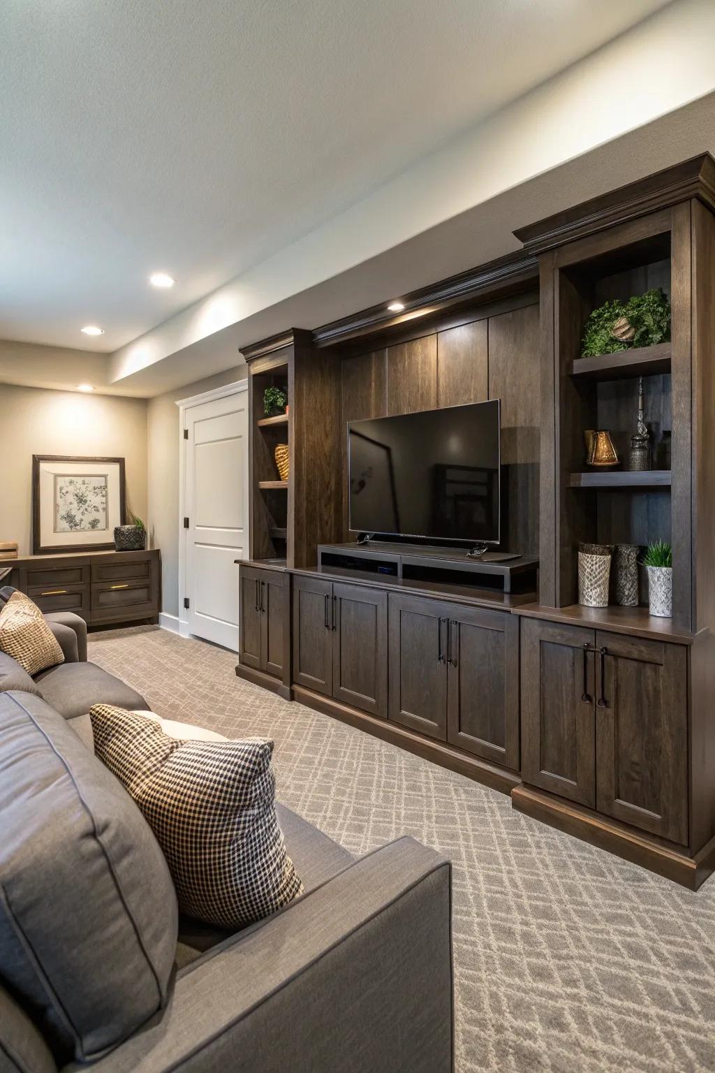 A den featuring an integrated entertainment hub providing style and practicality.