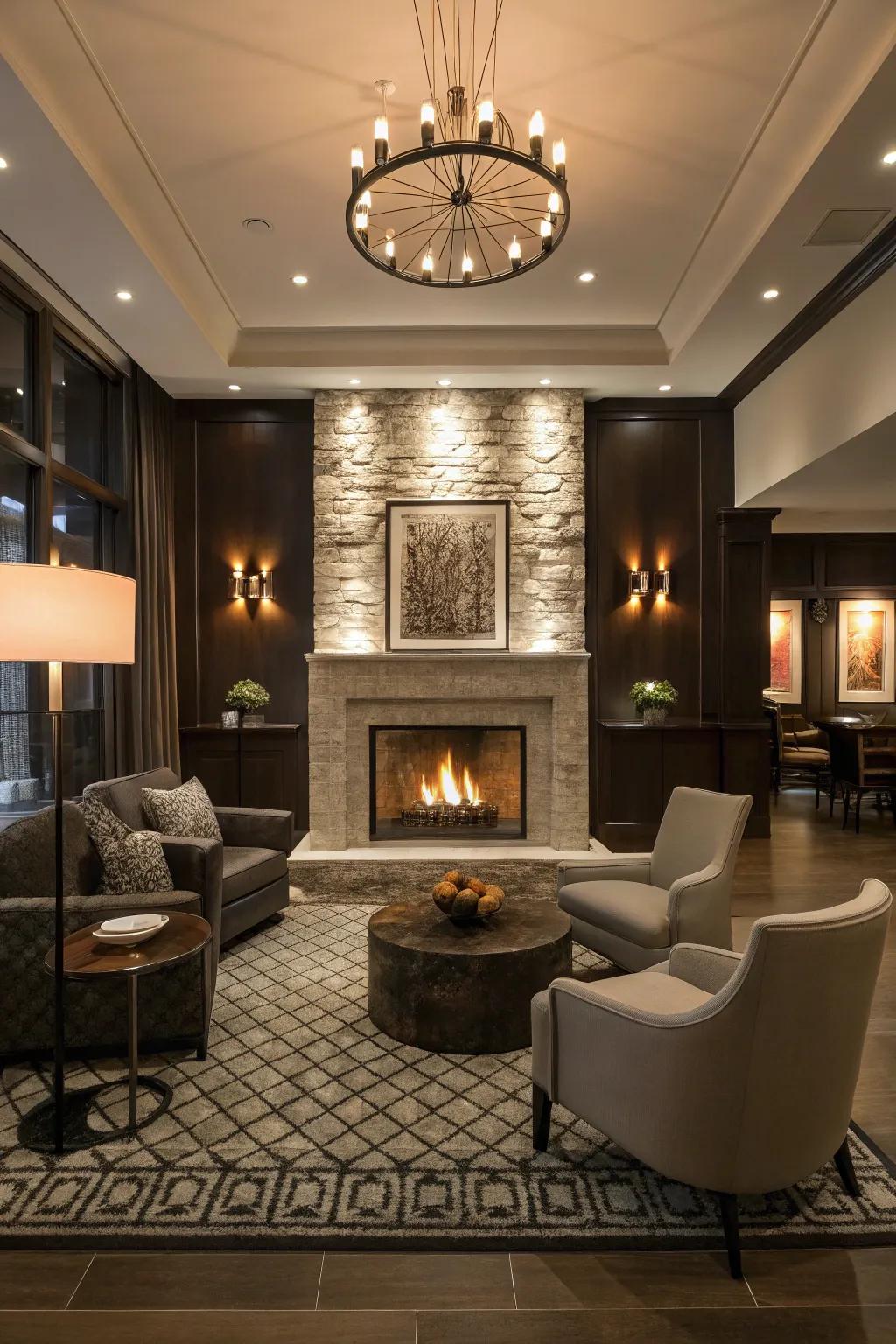 A central fireplace brings warmth and charm.