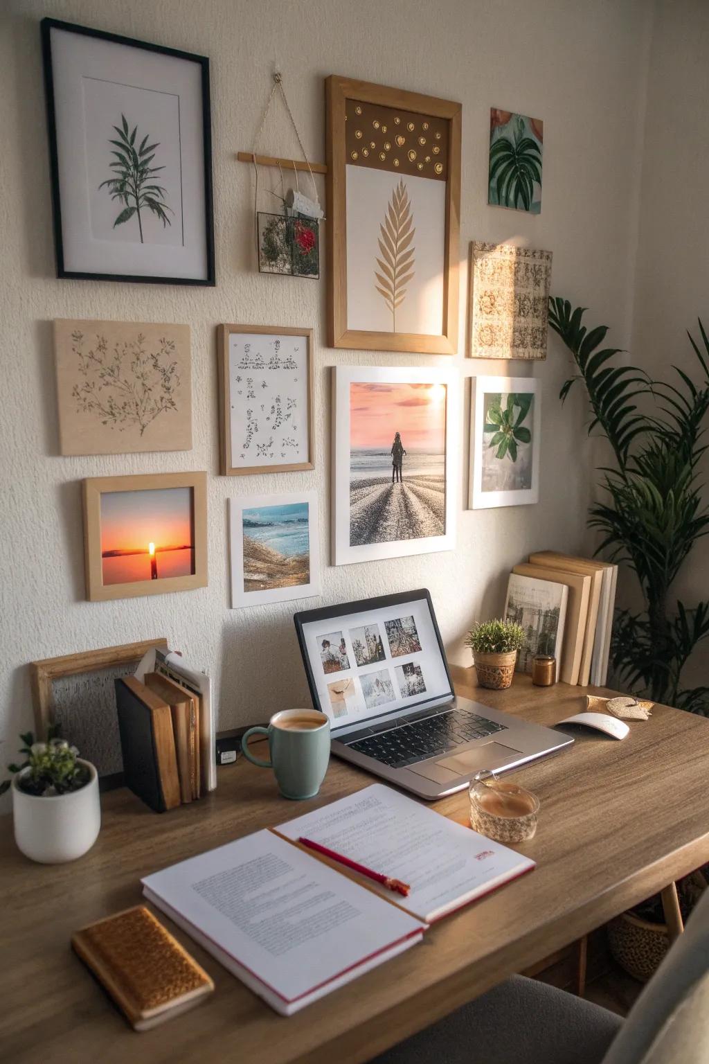 Framed art and motivational quotes enhancing a desk's visual appeal.
