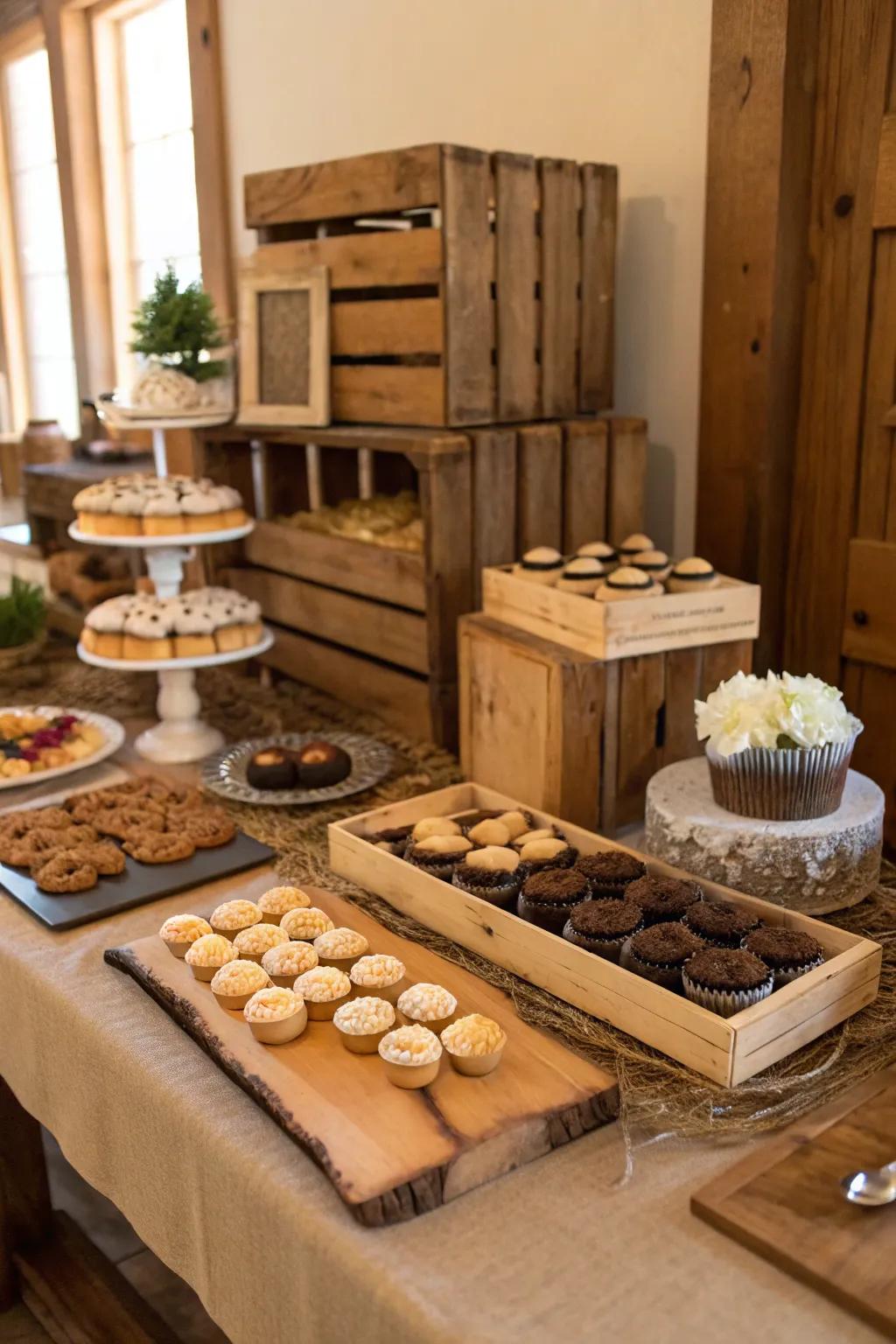 Wood accents contribute a rustic feel to dessert settings.