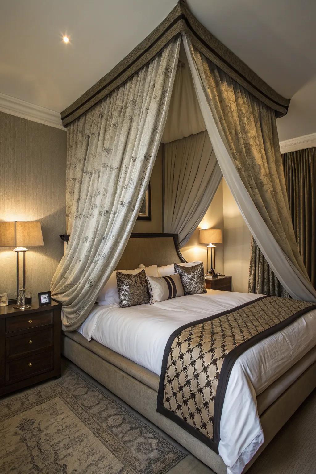 A drape transforms the diagonally situated bed into a luxurious retreat.