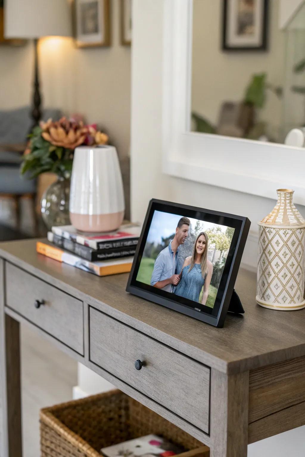 An electronic picture display that serves as a welcoming statement piece.