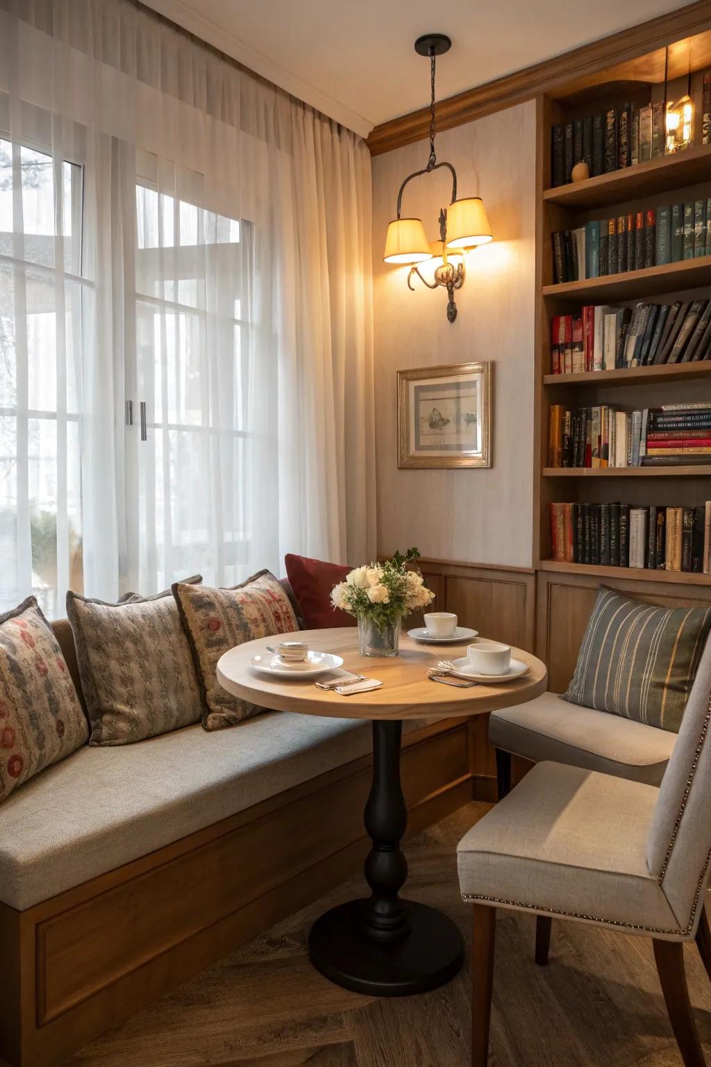 A delightful nook providing a warm dining spot in a compact area.