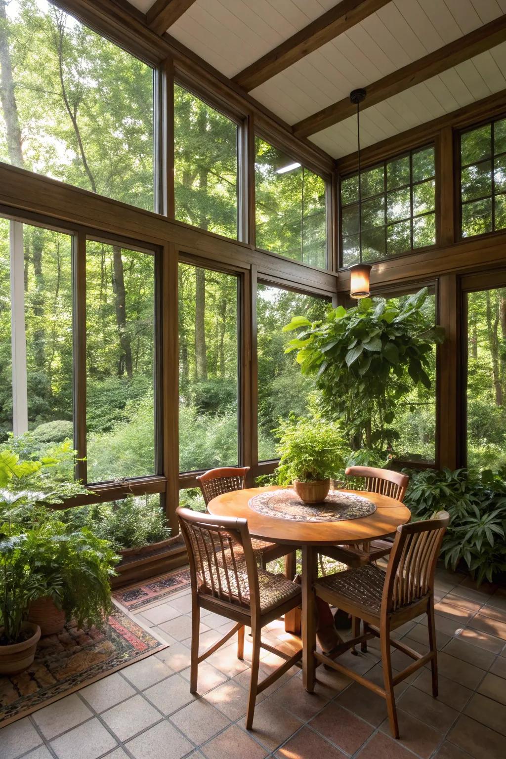 A sunroom that offers a peaceful environment to dine in.