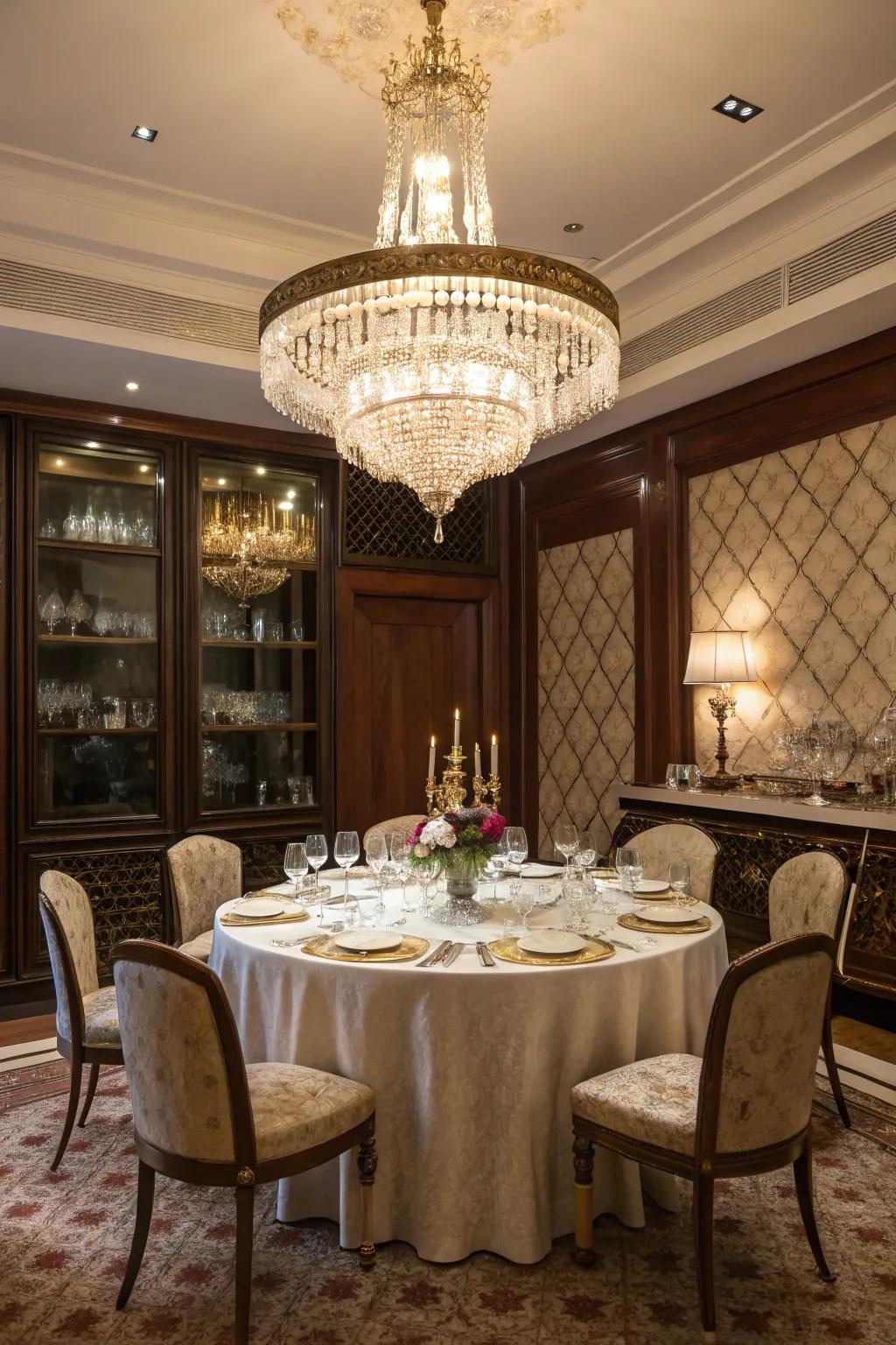 Crystal chandeliers inject a sense of glamour and refinement.